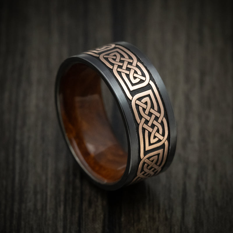 Black Titanium Men's Ring with 14K Gold Celtic Knot and Wood Sleeve Custom Made Band
