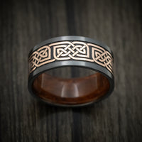 Black Zirconium Men's Ring with 14K Gold Celtic Knot and Wood Sleeve Custom Made Band