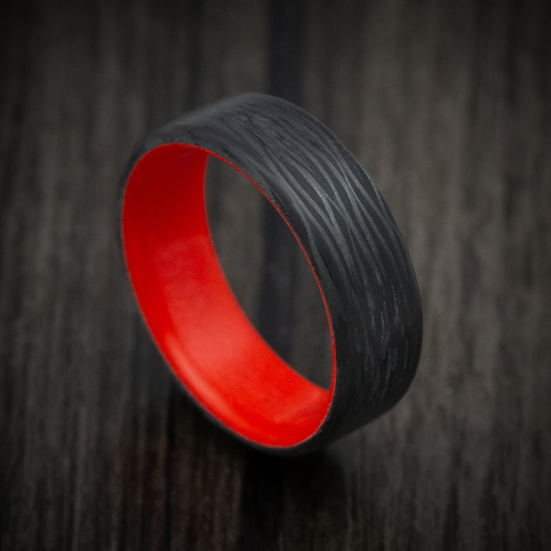 Side-Cut Carbon Fiber Men's Ring with Red Glow Sleeve