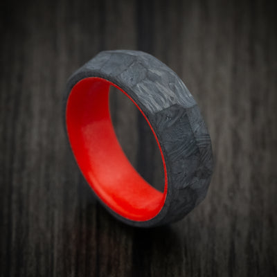 Faceted Carbon Fiber Men's Ring with Red Glow Sleeve