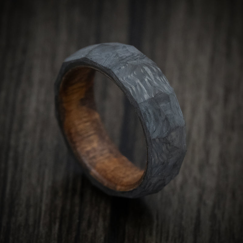 Faceted Carbon Fiber Men's Ring with Chestnut Wood Sleeve