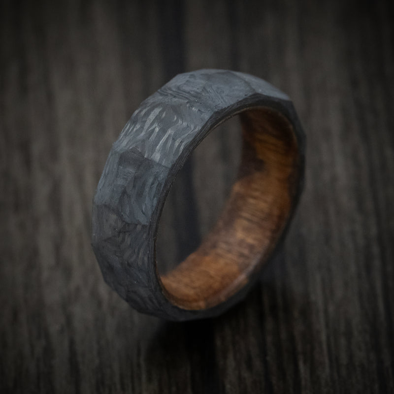 Faceted Carbon Fiber Men's Ring with Chestnut Wood Sleeve