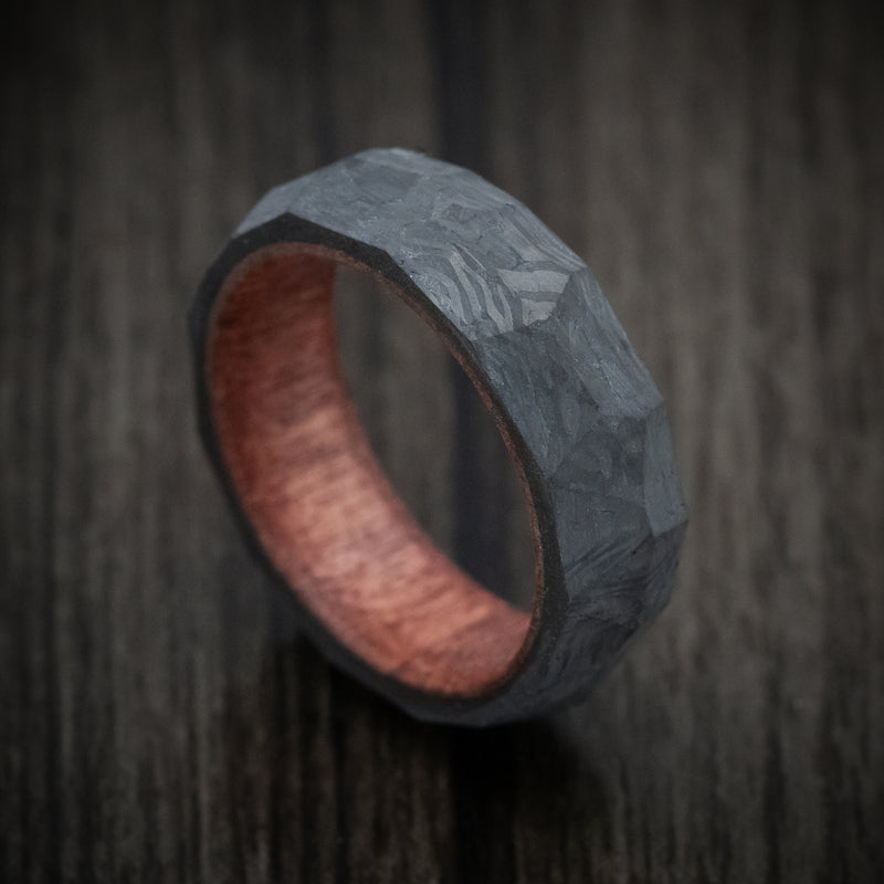 Faceted Carbon Fiber Men's Ring with Sequoia Wood Sleeve