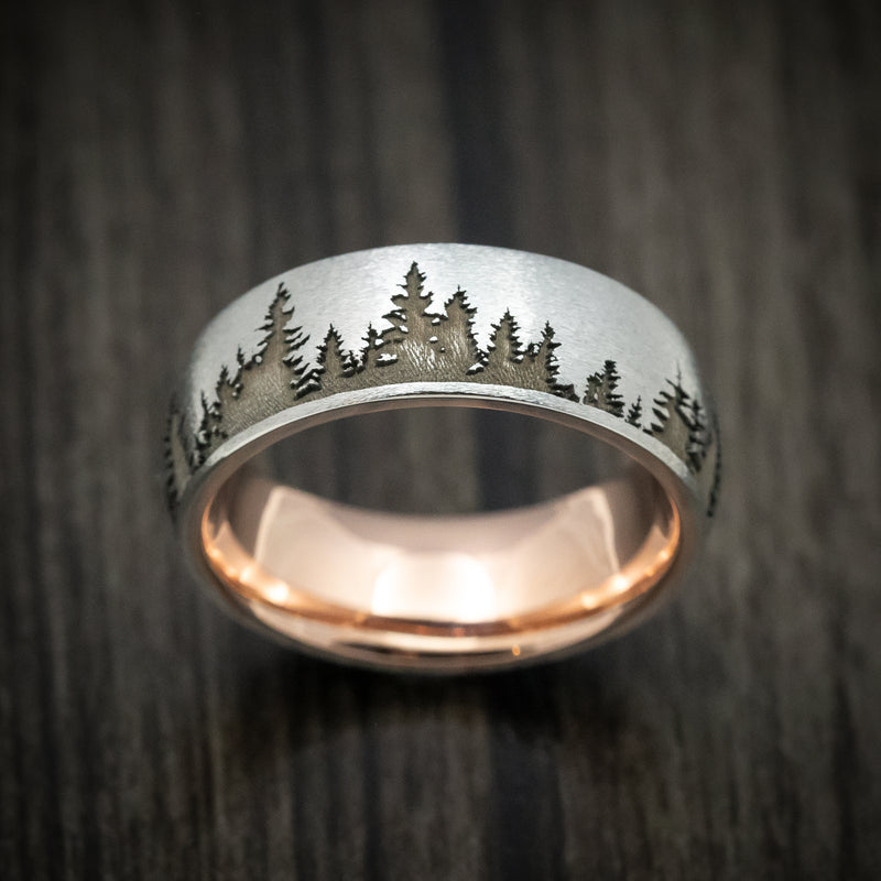 Cobalt Chrome Spruce Pine Tree Design Men's Ring with 14K Gold Sleeve Custom Made Band
