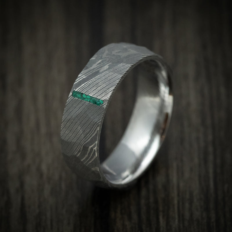 Damascus Steel Men's Ring with Stone Vertical Inlay Custom Made Band