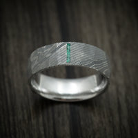 Damascus Steel Men's Ring with Stone Vertical Inlay Custom Made Band