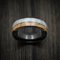 Black Tungsten Men's Ring with Cork Wood Guitar String and Faux Meteorite Inlays