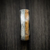 Black Tungsten Men's Ring with Cork Wood Guitar String and Faux Meteorite Inlays