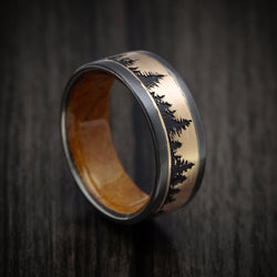 Black Titanium and Gold Spruce Pine Tree Design Men's Ring with Wood Sleeve