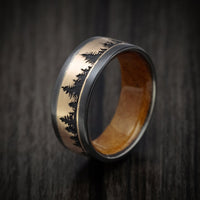 Black Titanium and Gold Spruce Pine Tree Design Men's Ring with Wood Sleeve