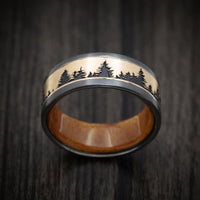 Black Titanium and Gold Spruce Pine Tree Design Men's Ring with Wood Sleeve