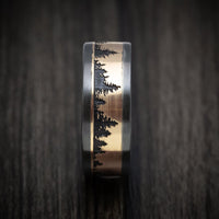 Black Titanium and Gold Spruce Pine Tree Design Men's Ring with Wood Sleeve