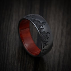 Black Titanium Men's Ring with Spruce Pine Tree Design and Hardwood Sleeve Custom Made Band