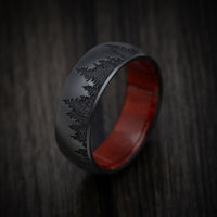 Black Titanium Men's Ring with Spruce Pine Tree Design and Hardwood Sleeve Custom Made Band