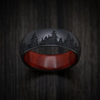 Black Titanium Men's Ring with Spruce Pine Tree Design and Hardwood Sleeve Custom Made Band