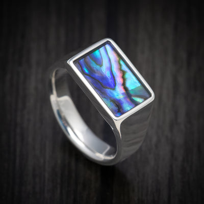 Palladium Silver Medium Signet Ring with Abalone Inlay