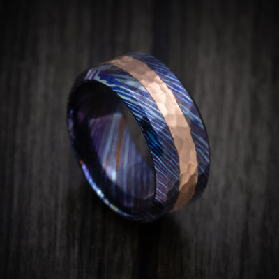 Kuro-Ti Heat-Treated Titanium Damascus and 14K Gold Men's Ring Custom Made Band