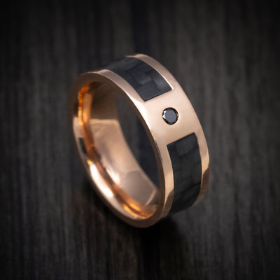 14K Gold and Carbon Fiber Men's Ring with Black Diamond Custom Made Band