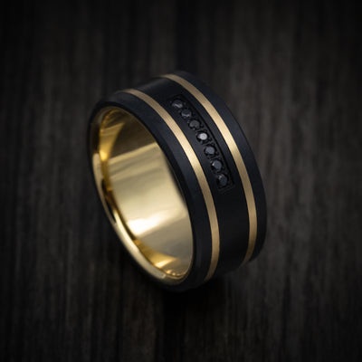 Black Titanium and 14K Gold Men's Ring with Black Diamonds