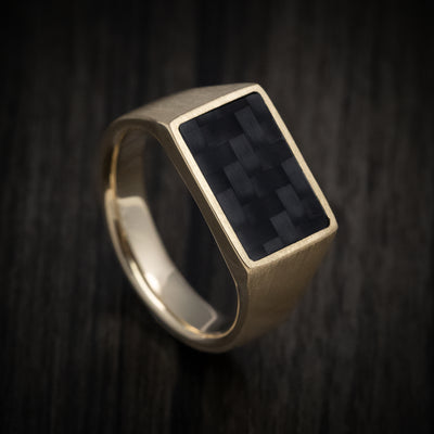 10K Gold Signet Ring with Supercar Ron Authentic Hypercar Carbon Fiber Inlay