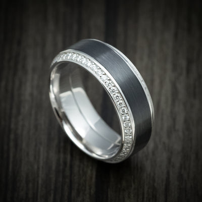 14K White Gold Men's Ring with Black Zirconium Inlay and Eternity Bevel Lab Diamonds