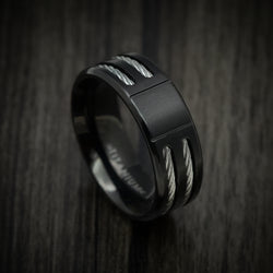 Black Titanium Men's Ring with Silvertoned Cable Inlays