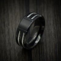 Black Titanium Men's Ring with Silvertoned Cable Inlays