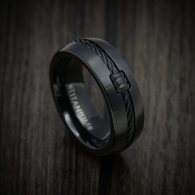 Black Titanium Men's Ring with Black Cable Inlay