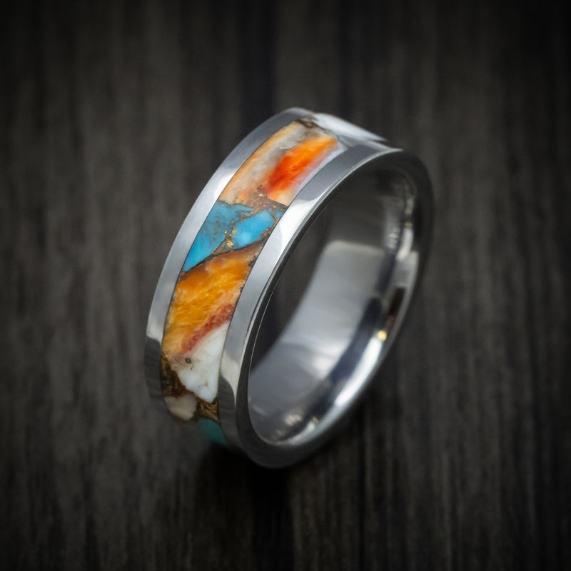 Tungsten Men's Ring with Spiny Oyster with Turquoise Stone and