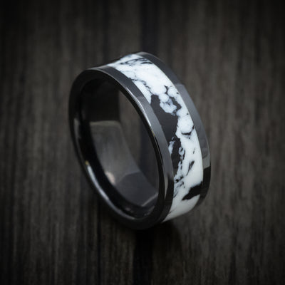 Black Ceramic Men's Ring with White Buffalo Turquoise Stone Inlay