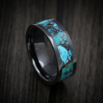 Black Ceramic Men's Ring with Turquoise Stone Inlay