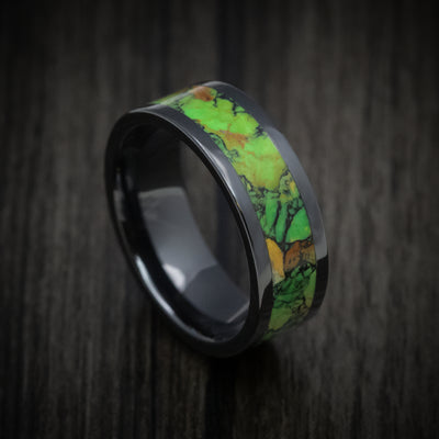 Black Ceramic Men's Ring with Mojave Green Turquoise Stone Inlay