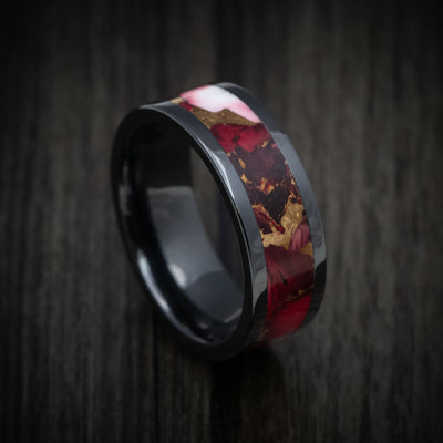 Black Ceramic Men's Ring with Rose Dolamite Stone and Bronze Inlay