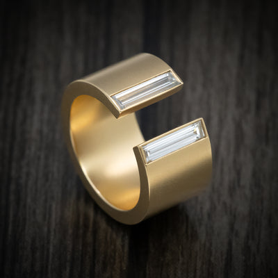 14K Yellow Gold Open Shank Thick Band with Natural Baguette Diamonds