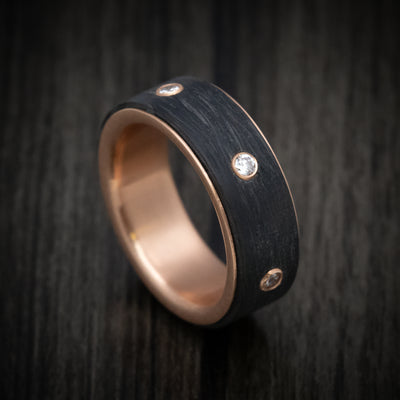 14K Rose Gold Men's Ring with Spinning Carbon Fiber and Lab Diamond Inlay