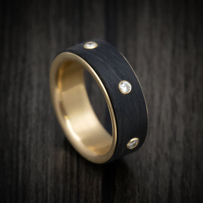 14K Yellow Gold Men's Ring with Spinning Carbon Fiber and Lab Diamond Inlay