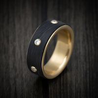 14K Yellow Gold Men's Ring with Spinning Carbon Fiber and Lab Diamond Inlay