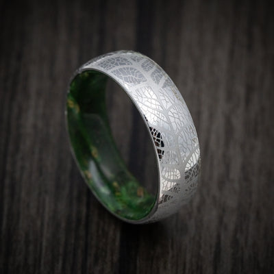 Cobalt Men's Ring with Leaf Design and Green Burl Wood Sleeve