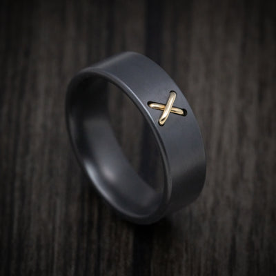 Black Zirconium Men's Ring with 14K Gold Stitch Design
