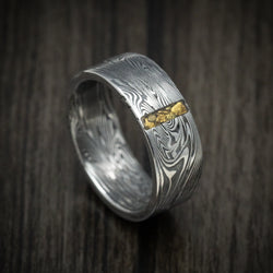 Sunset Kuro Damascus Steel Ring with Vertical 24K Gold Nugget Inlay