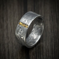 Sunset Kuro Damascus Steel Ring with Vertical 24K Gold Nugget Inlay