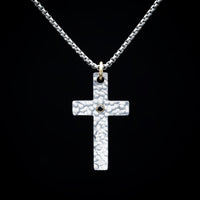 Stainless Steel and Black Diamond Hammered Christian Cross Pendant and Chain
