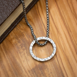 Stainless Steel Hammered Open Pendant and Chain