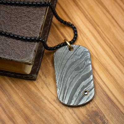Damascus Steel and Black Diamond Dog Tag Pendant and Chain