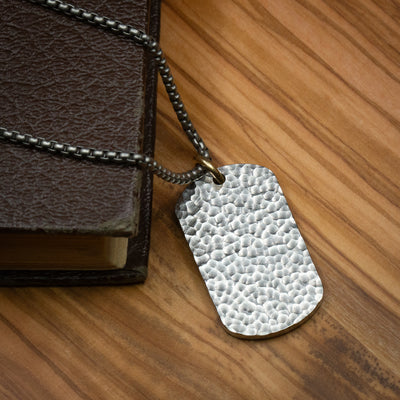 Stainless Steel Hammered Dog Tag Pendant and Chain