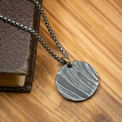 Damascus Steel Round Pendant and Chain