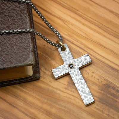 Stainless Steel and Black Diamond Hammered Christian Cross Pendant and Chain