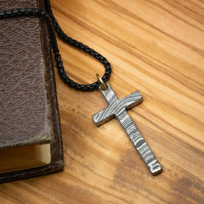 Damascus Steel Christian Cross Pendant and Chain
