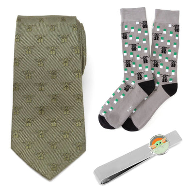 Star Wars Grogu Green Tie, Gray Dress Socks, and Tie Bar Gift Set