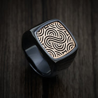 Black Zirconium Large Signet Ring with 14K Rose Gold Design Inlay